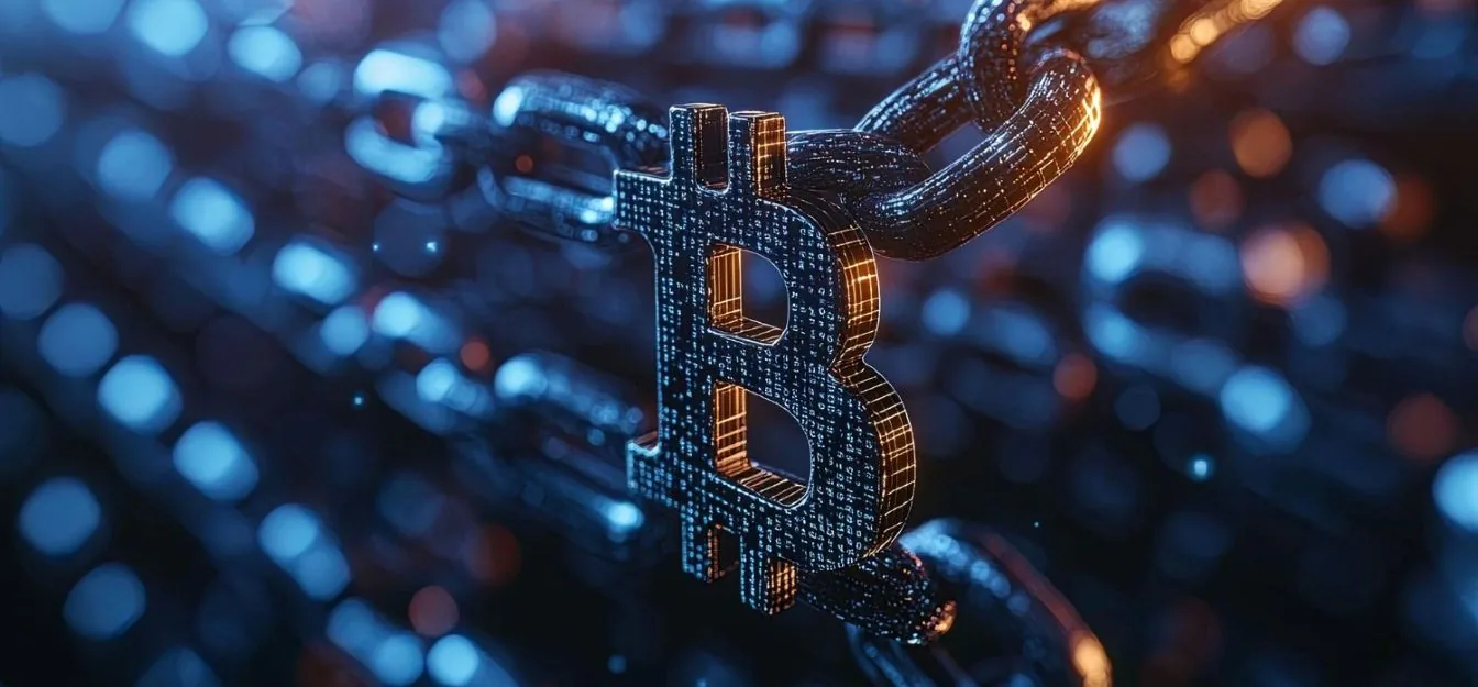سلسلة بلوك تشين مضيئة ترمز إلى العملات الرقمية والأصول الرقمية
